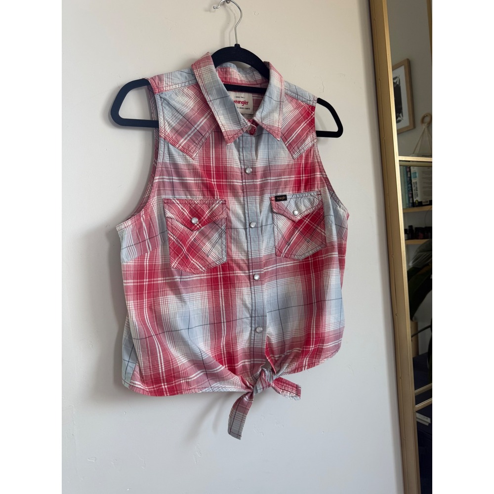 Wrangler Sleeveless Plaid Western TieFront Top Americana Cowgirl Snap Button Top